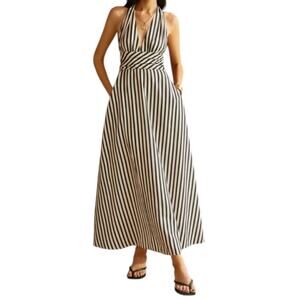 Commense Striped Halter Maxi Dress Black White Backless XL NWT